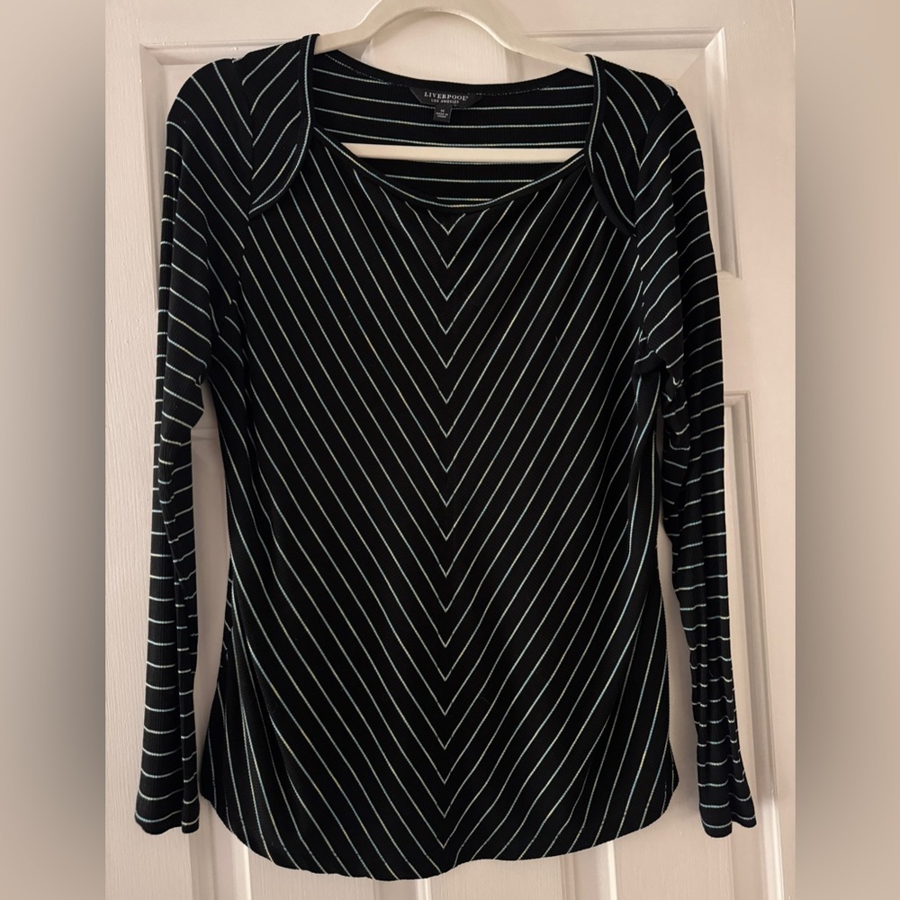 Liverpool Black White Blue Striped Long Sleeve Top - Picture 2 of 6